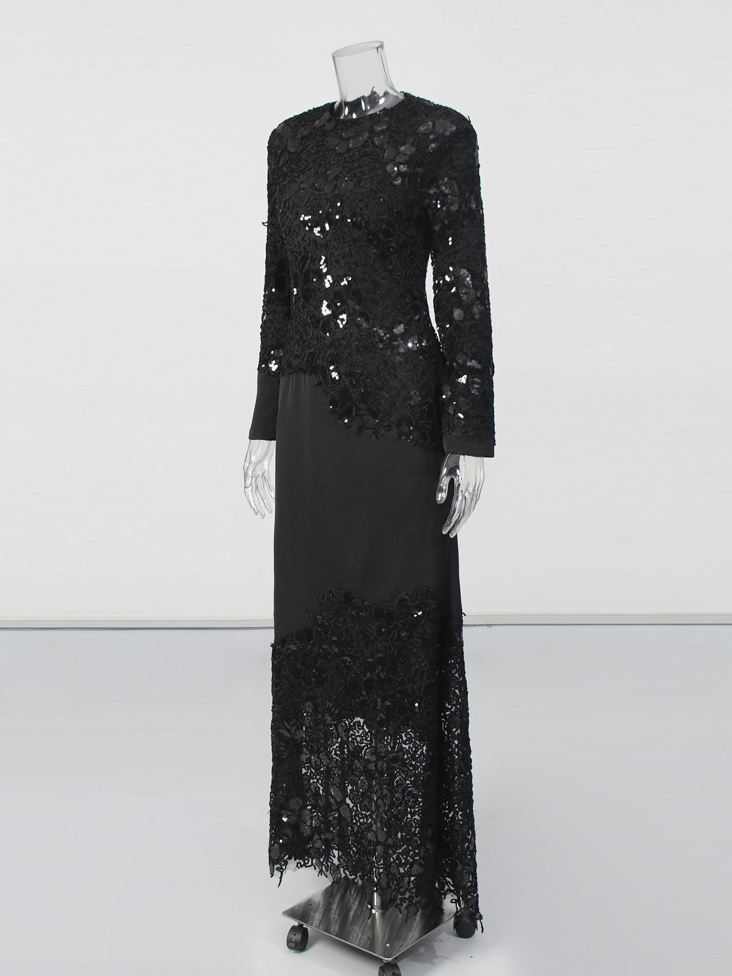 Glamorous Black Lace Embellished Long - Sleeve Maxi Dress
