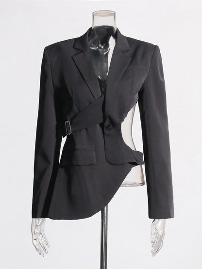 Stylish Black Cut - out Asymmetric Blazer with Belt