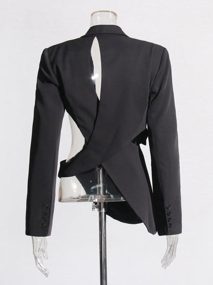 Stylish Black Cut - out Asymmetric Blazer with Belt