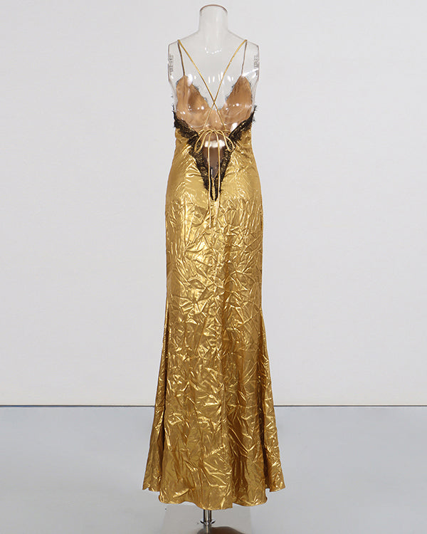 Gold Lace V-Neck Crinkled Satin Slip Maxi Dress
