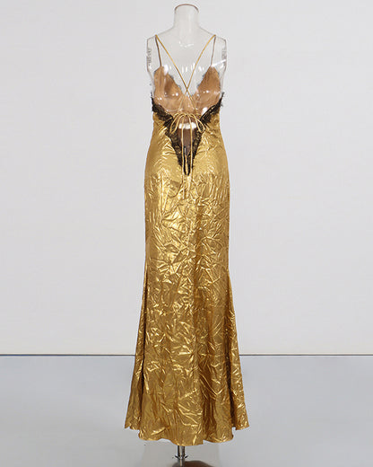 Gold Lace V-Neck Crinkled Satin Slip Maxi Dress