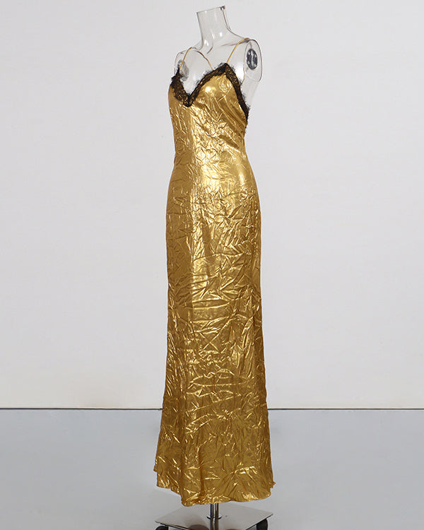 Gold Lace V-Neck Crinkled Satin Slip Maxi Dress