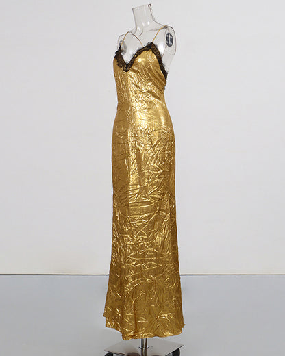 Gold Lace V-Neck Crinkled Satin Slip Maxi Dress