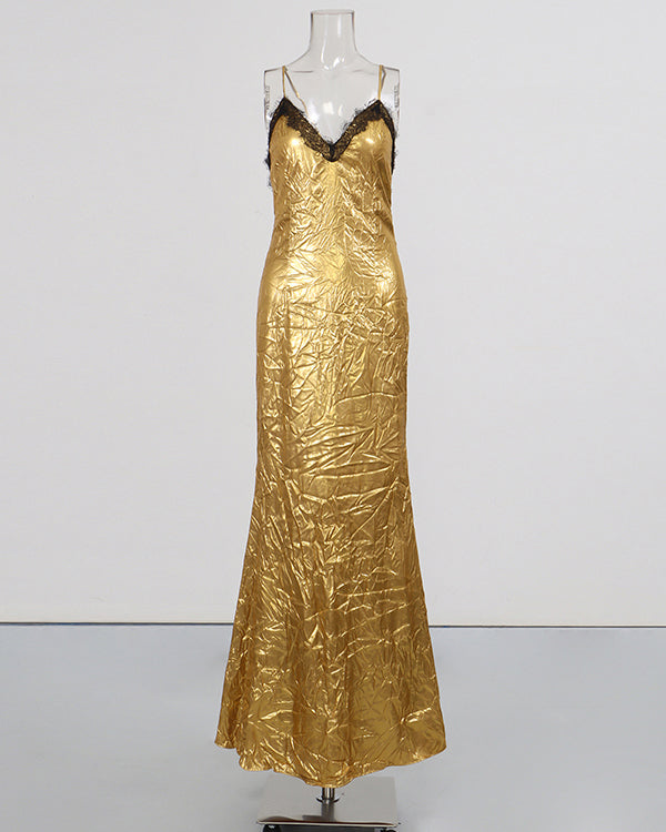 Gold Lace V-Neck Crinkled Satin Slip Maxi Dress