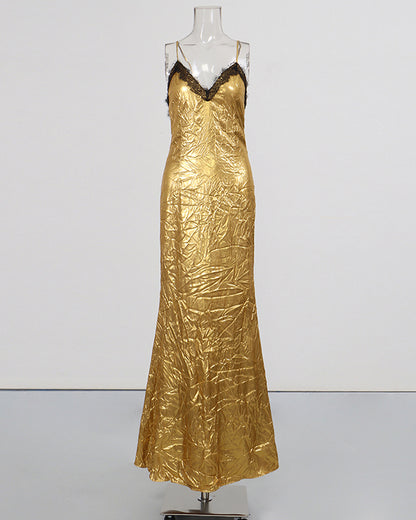 Gold Lace V-Neck Crinkled Satin Slip Maxi Dress