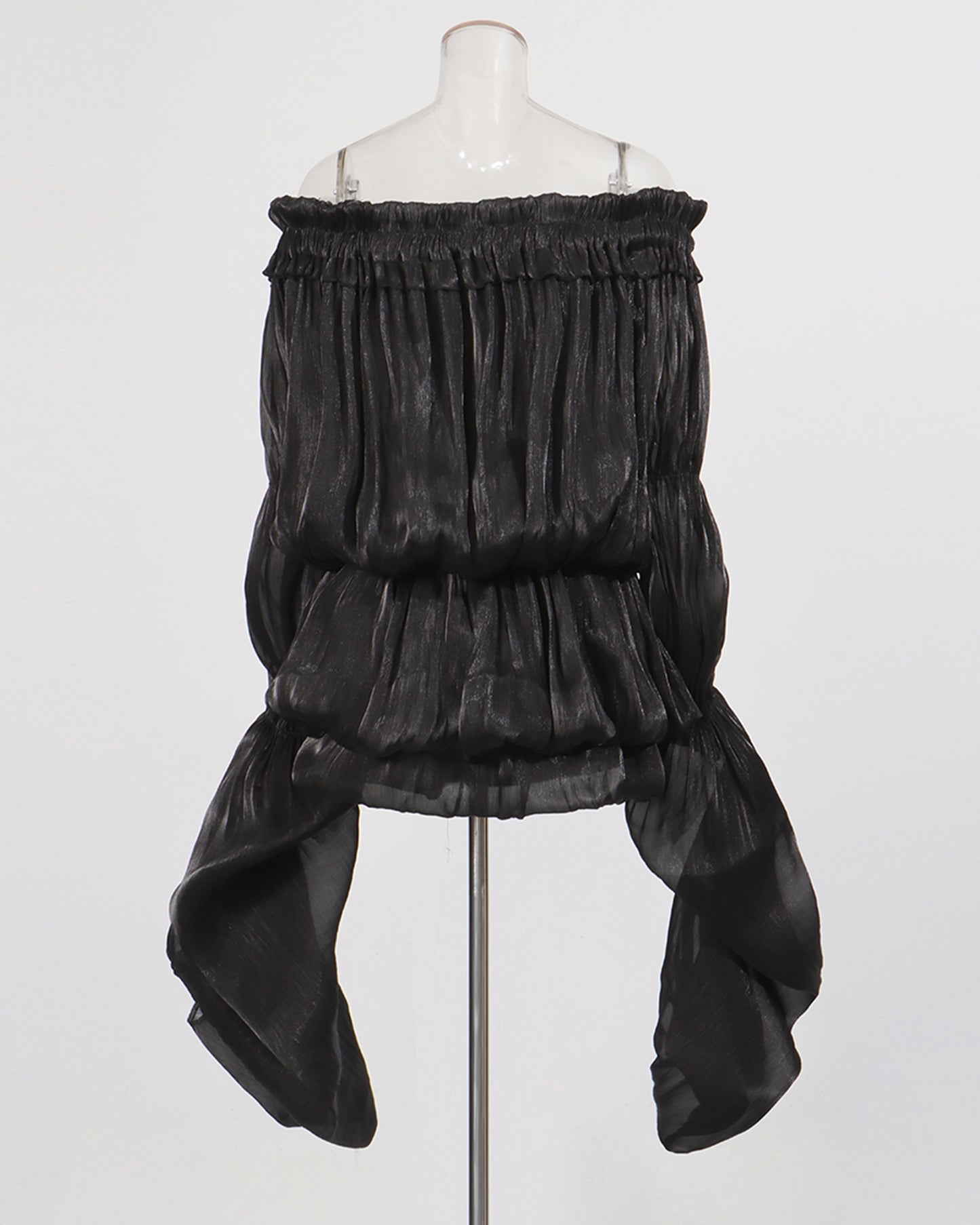 Black Off-Shoulder Ruched Puff Sleeve Mini Dress