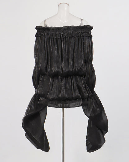 Black Off-Shoulder Ruched Puff Sleeve Mini Dress