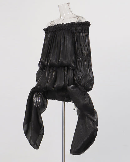 Black Off-Shoulder Ruched Puff Sleeve Mini Dress
