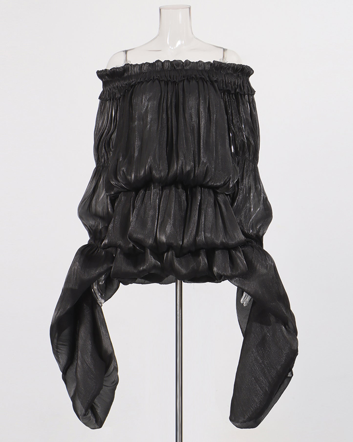 Black Off-Shoulder Ruched Puff Sleeve Mini Dress