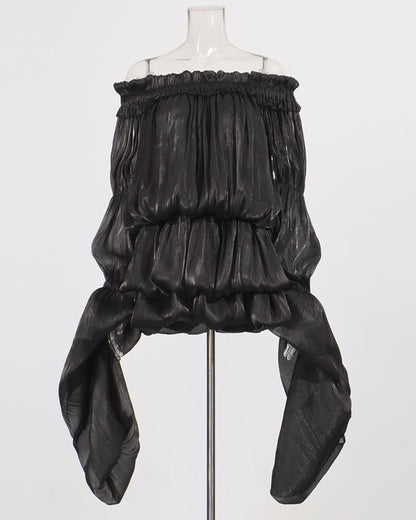 Black Off-Shoulder Ruched Puff Sleeve Mini Dress