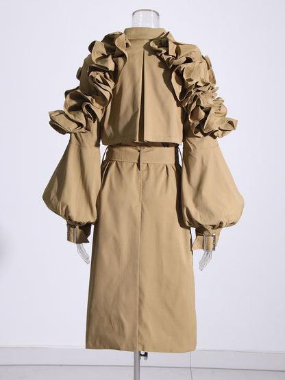 Statement Khaki Ruffled Trench Coat with Belt