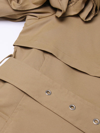 Statement Khaki Ruffled Trench Coat with Belt