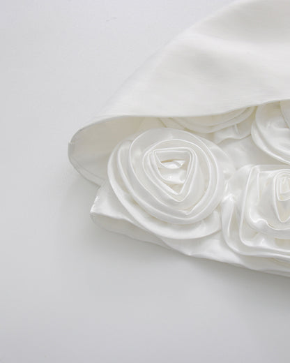 White Satin Rose Appliqué Strapless Mini Dress