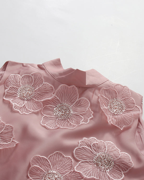 Pink Sleeveless Midi Dress with Floral Lace & Pearl