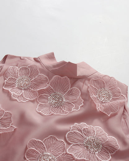 Pink Sleeveless Midi Dress with Floral Lace & Pearl