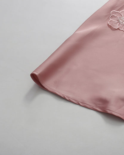 Pink Sleeveless Midi Dress with Floral Lace & Pearl