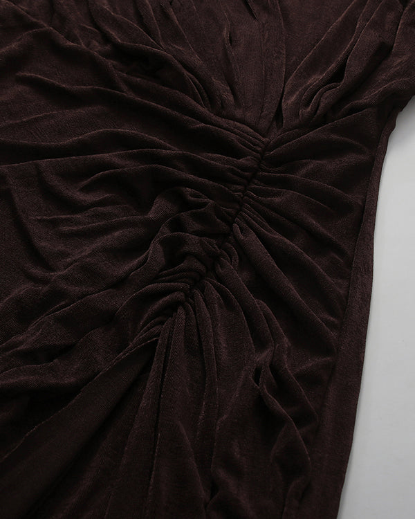 Coffee Ruched Long-Sleeve Maxi Dress
