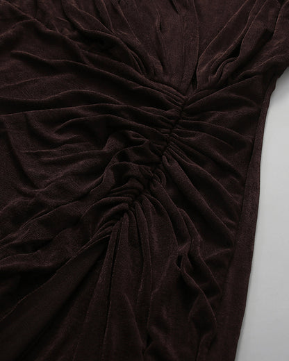 Coffee Ruched Long-Sleeve Maxi Dress