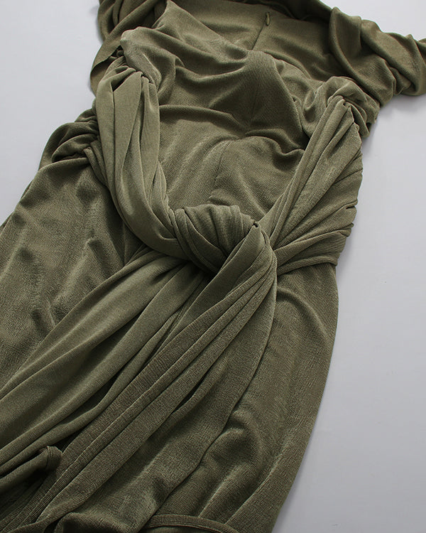 Green Pleated One-Shoulder Mermaid Evening Gown