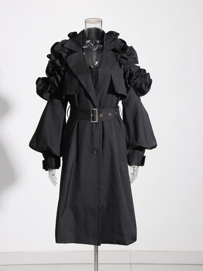 Gothic - Chic Black Ruffled Trench Coat with Belt