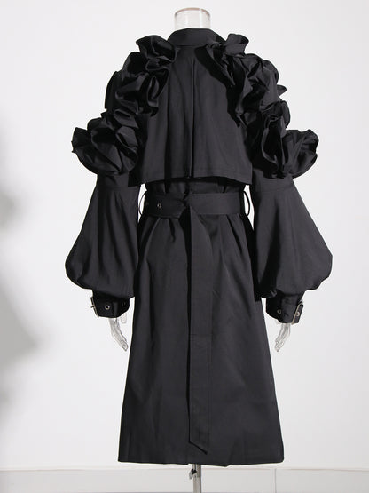 Gothic - Chic Black Ruffled Trench Coat with Belt