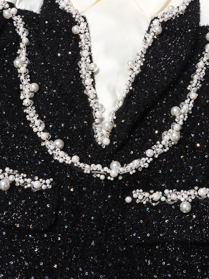 Glamorous Black Tweed Pearl - Embellished Mini Dress.