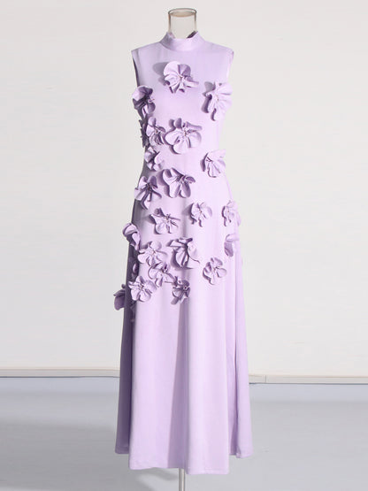 Elegant Lavender Maxi Dress with 3D Floral Appliqués