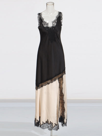 Chic Black and Cream Contrast Lace Maxi Dress