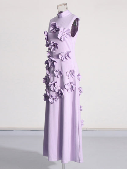 Elegant Lavender Maxi Dress with 3D Floral Appliqués