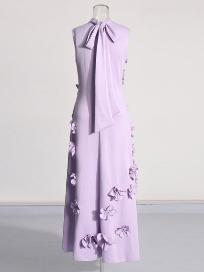 Elegant Lavender Maxi Dress with 3D Floral Appliqués