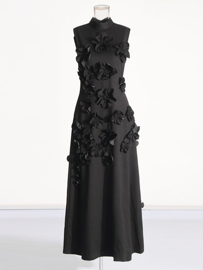 Glamorous Black Maxi Dress with 3D Floral Appliqués