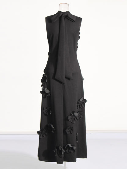 Glamorous Black Maxi Dress with 3D Floral Appliqués