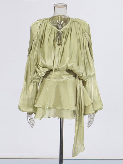 Exquisite Olive Green Tie - Neck Wrap Mini Dress