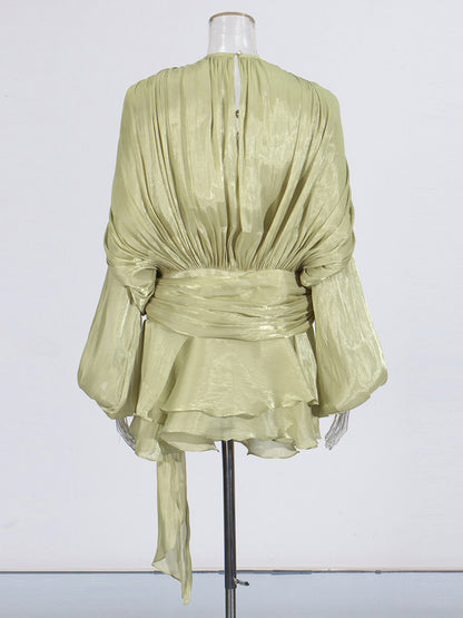 Exquisite Olive Green Tie - Neck Wrap Mini Dress