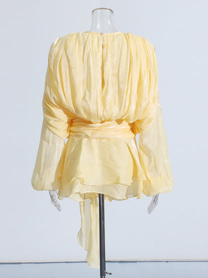Charming Yellow Tie - Neck Wrap Mini Dress