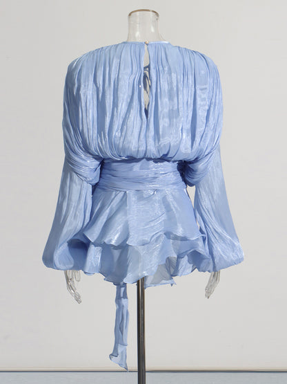 Charming Light Blue Tie - Neck Wrap Mini Dress