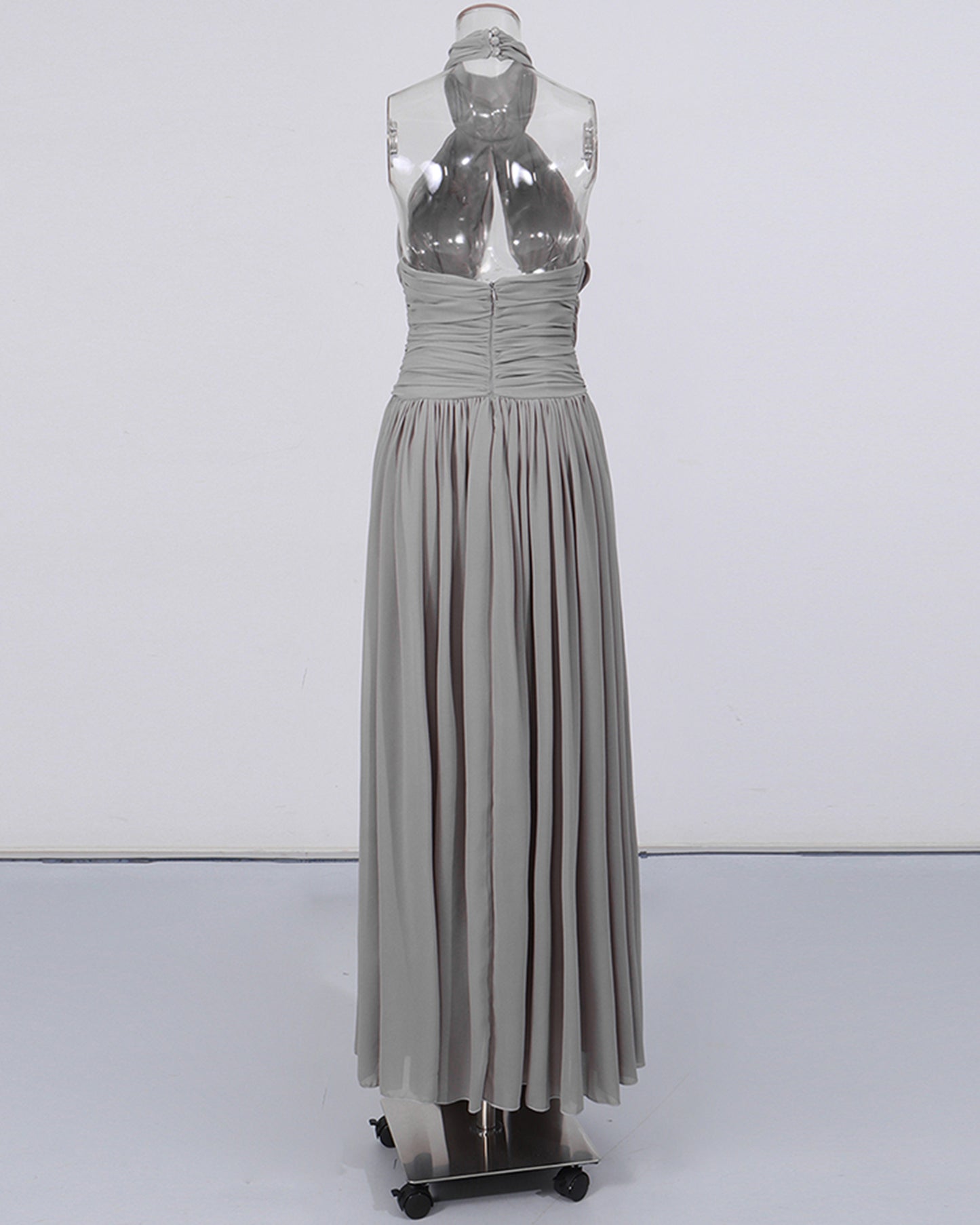 Grey Halter Neck Chiffon Waist Sash Maxi Dress