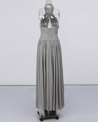 Grey Halter Neck Chiffon Waist Sash Maxi Dress