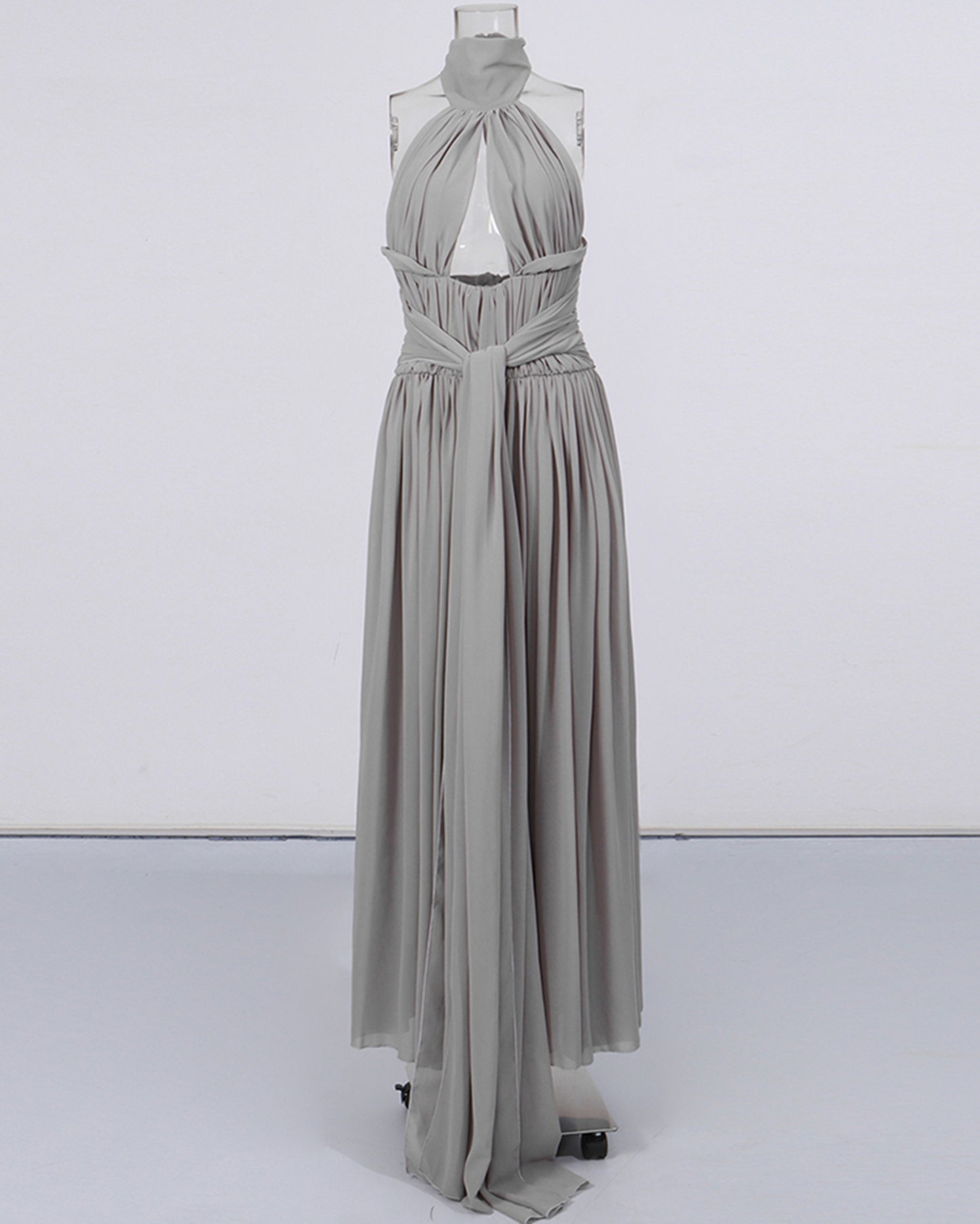 Grey Halter Neck Chiffon Waist Sash Maxi Dress