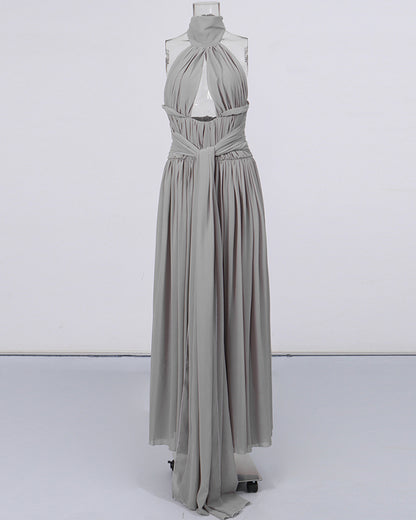 Grey Halter Neck Chiffon Waist Sash Maxi Dress