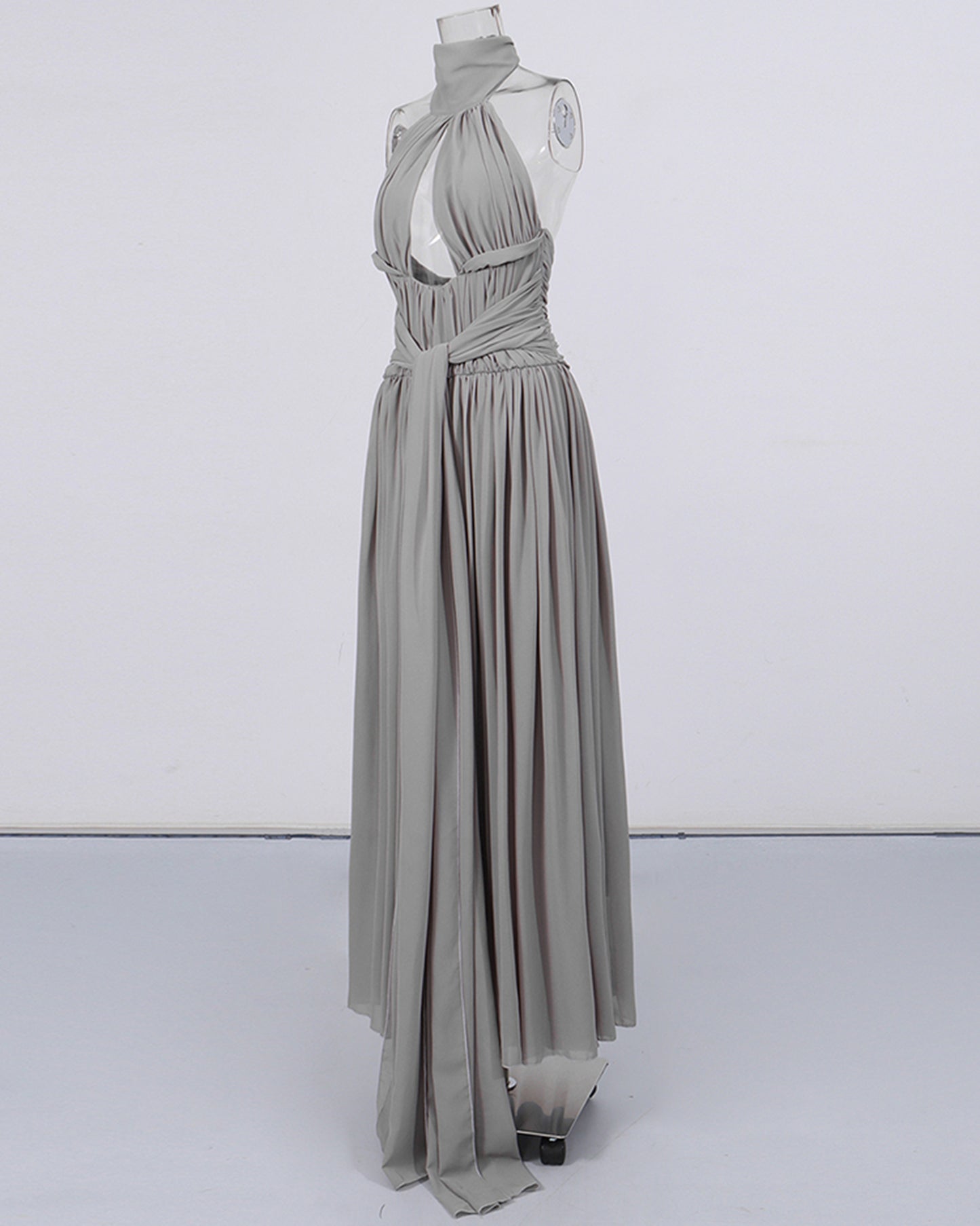 Grey Halter Neck Chiffon Waist Sash Maxi Dress