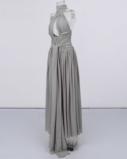 Grey Halter Neck Chiffon Waist Sash Maxi Dress