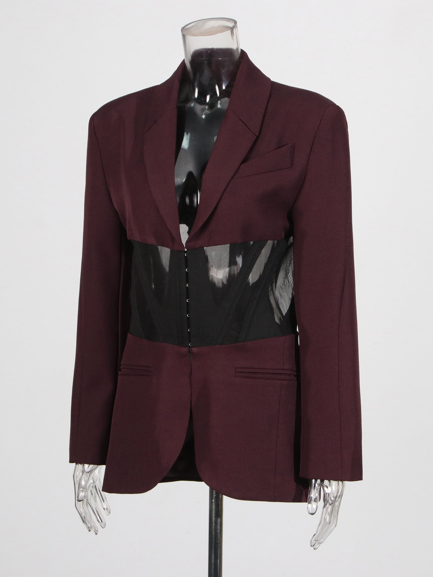 Avant - Garde Burgundy Blazer with Sheer Corset Detail.