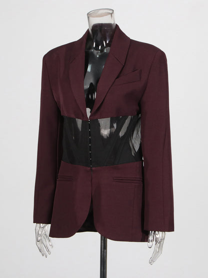 Avant - Garde Burgundy Blazer with Sheer Corset Detail.