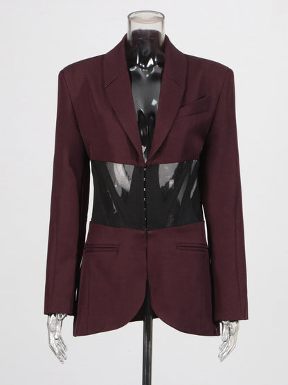 Avant - Garde Burgundy Blazer with Sheer Corset Detail.