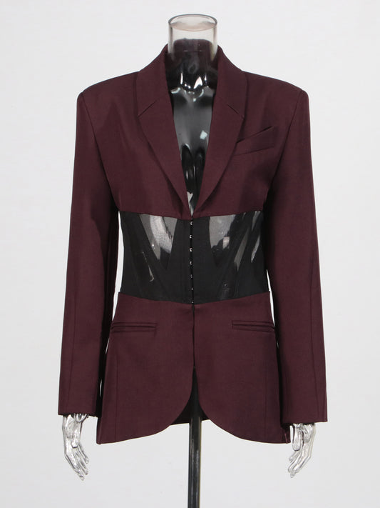 Avant - Garde Burgundy Blazer with Sheer Corset Detail.