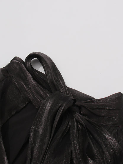 Gothic - Glam Black Ruffled Maxi Dress with Tie Cuffs and High Neck.