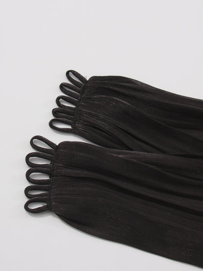 Gothic - Glam Black Ruffled Maxi Dress with Tie Cuffs and High Neck.