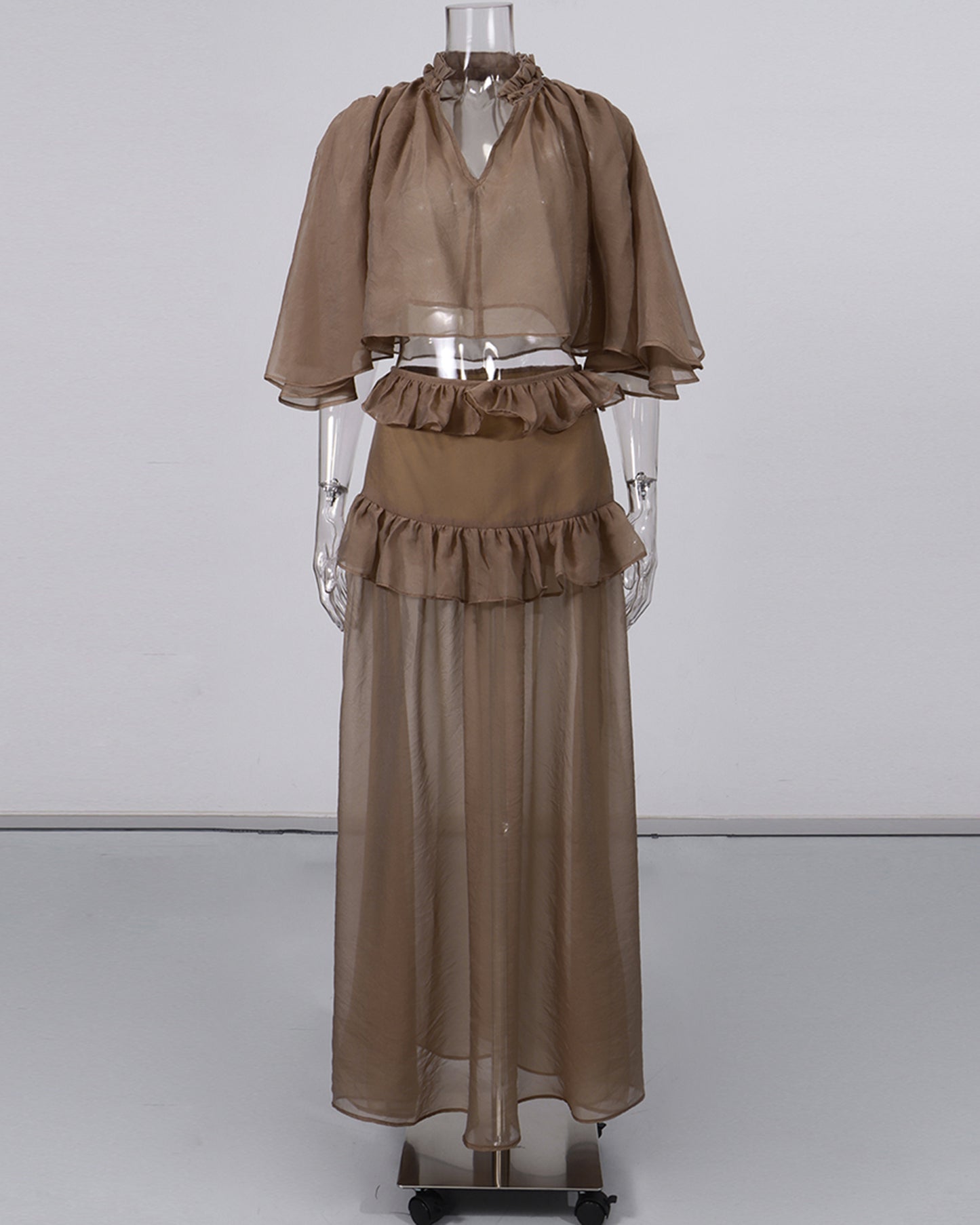 Mochabrown Cape-Sleeve Ruffled Top Maxi Skirt Set