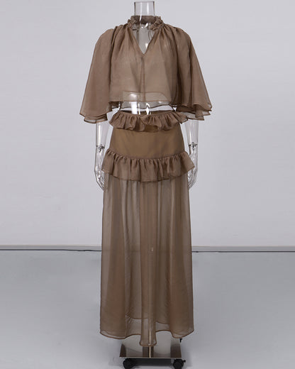 Mochabrown Cape-Sleeve Ruffled Top Maxi Skirt Set